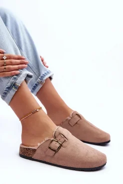 Zamszowe Klapki Damskie Z Futerkiem Beżowe Haidamia