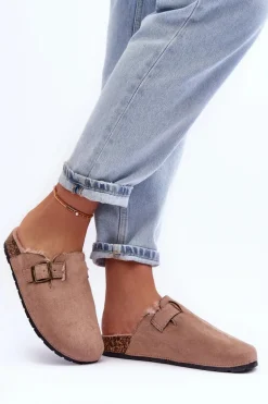 Zamszowe Klapki Damskie Z Futerkiem Beżowe Haidamia