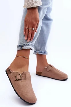 Zamszowe Klapki Damskie Z Futerkiem Beżowe Haidamia