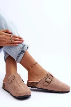 Zamszowe Klapki Damskie Z Futerkiem Beżowe Haidamia