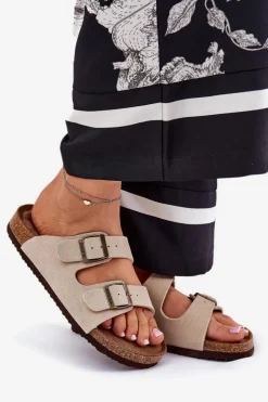 Zamszowe Klapki Damskie Z Klamrami Big Star RR274A391 Beżowe