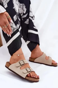 Zamszowe Klapki Damskie Z Klamrami Big Star RR274A391 Beżowe