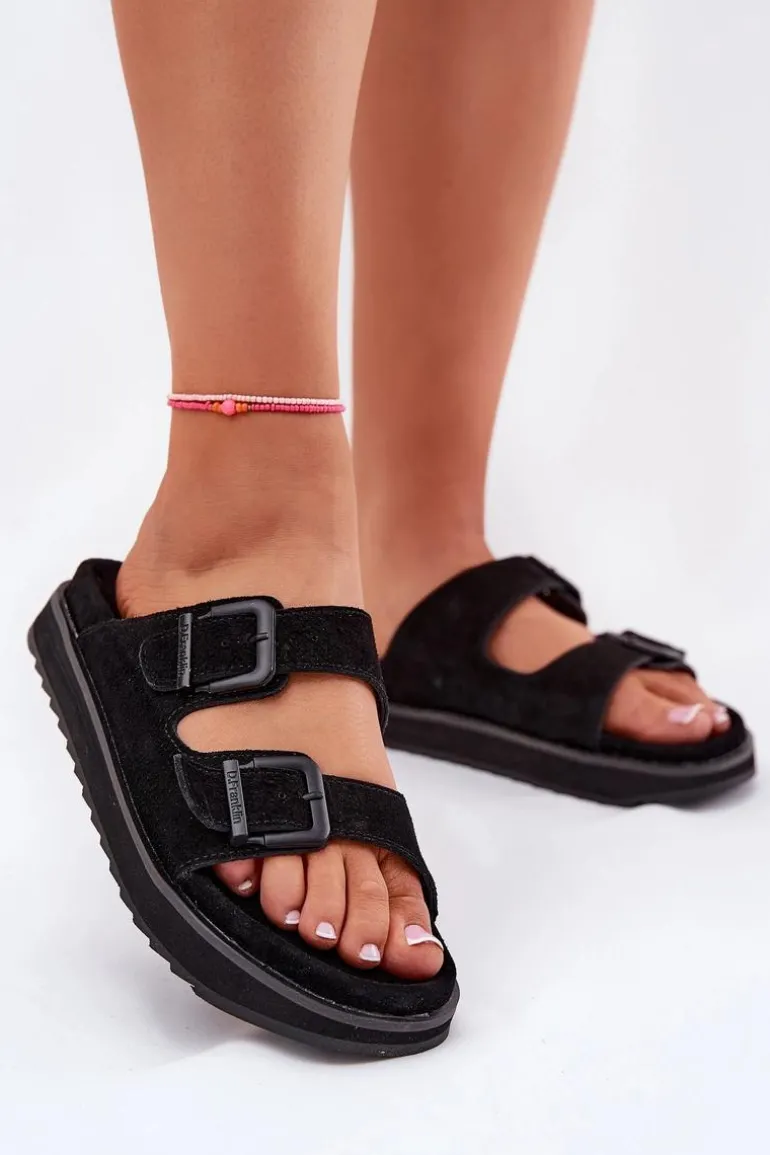 Zamszowe Klapki Damskie Z Klamrami D.Franklin DFSH405001 Czarne