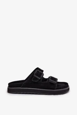 Zamszowe Klapki Damskie Z Klamrami D.Franklin DFSH405001 Czarne