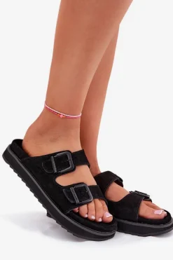 Zamszowe Klapki Damskie Z Klamrami D.Franklin DFSH405001 Czarne