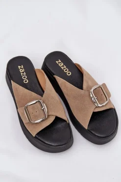 Zamszowe Klapki Damskie Z Klamrą Na Platformie Zazoo 3019 Beżowe