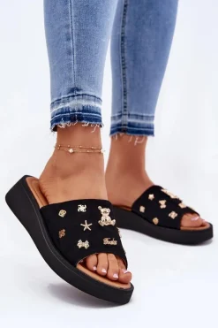 Zamszowe Klapki Damskie Z Przypinkami Vinceza 66741 Czarne