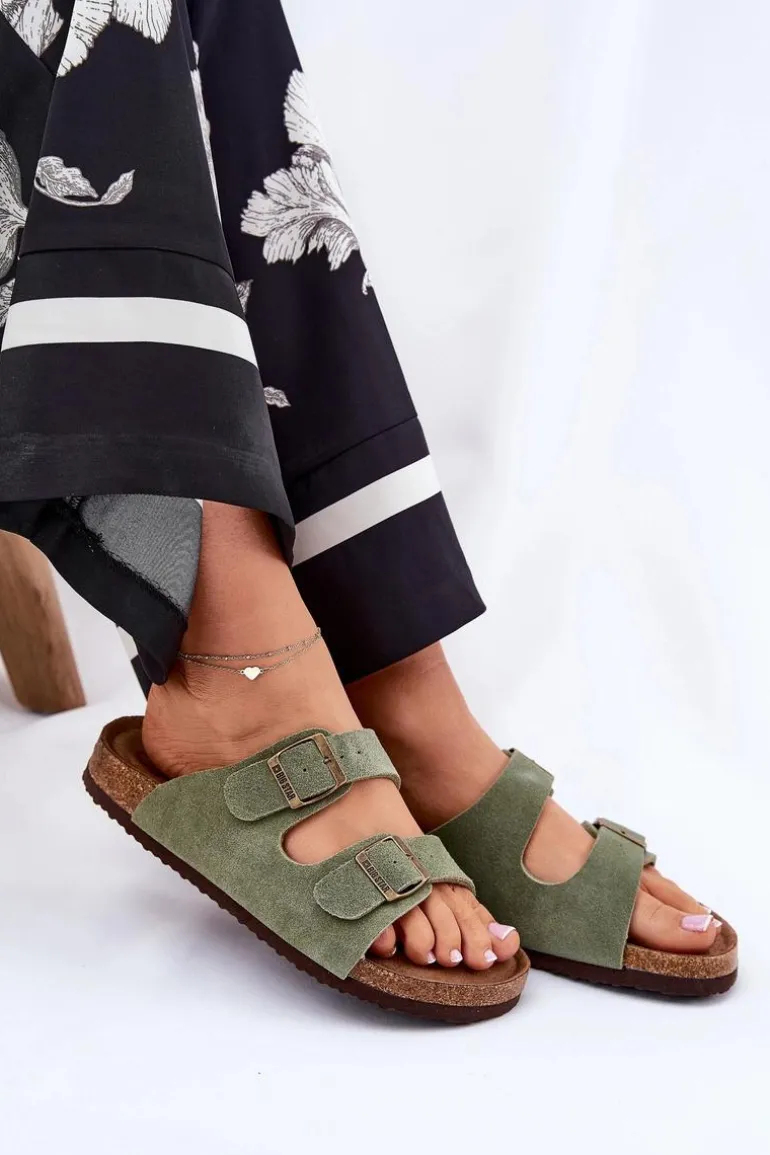 Zamszowe Klapki Damskie Z Klamrami Big Star RR274A393 Zielone