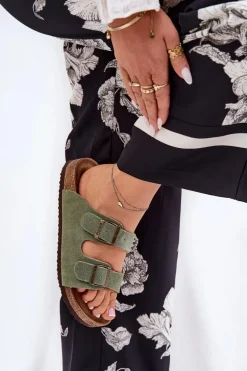 Zamszowe Klapki Damskie Z Klamrami Big Star RR274A393 Zielone