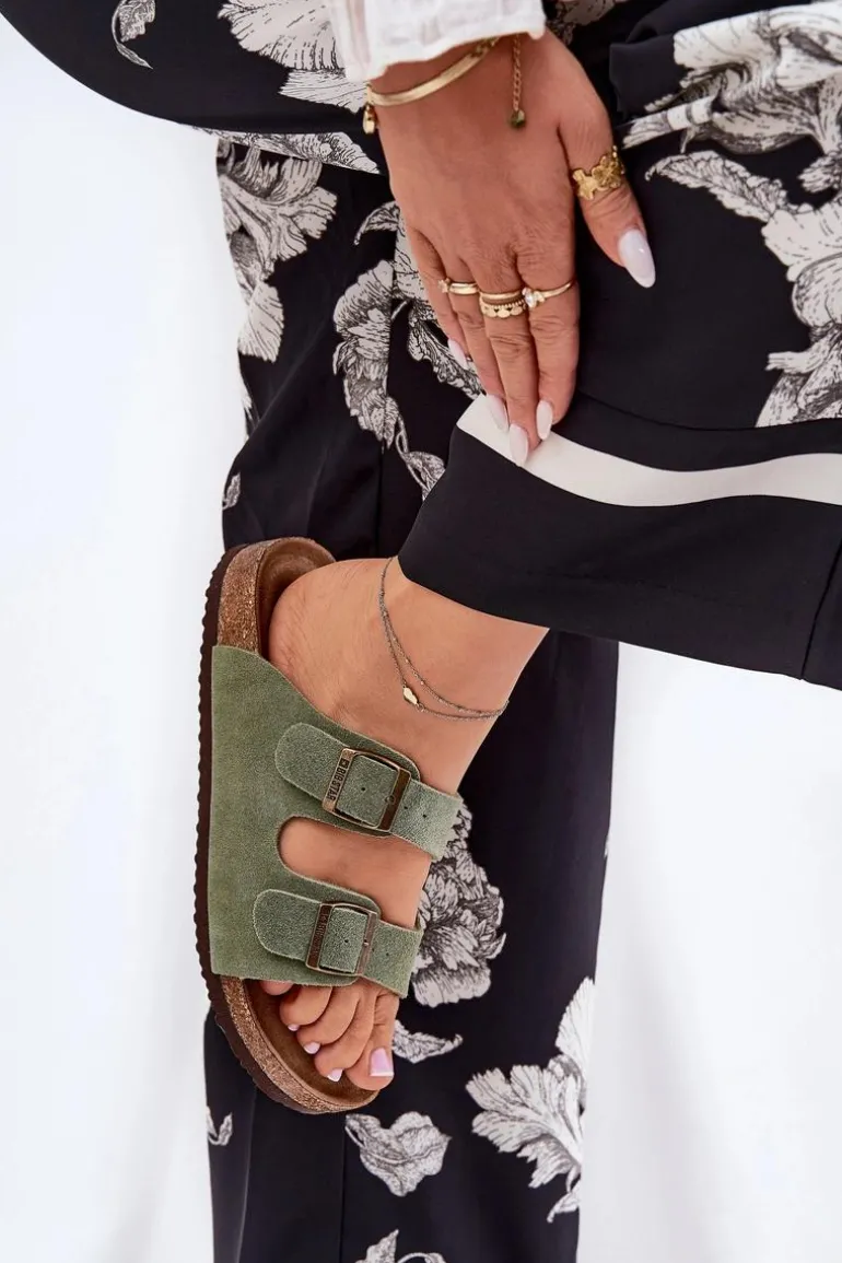 Zamszowe Klapki Damskie Z Klamrami Big Star RR274A393 Zielone