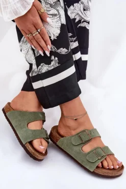 Zamszowe Klapki Damskie Z Klamrami Big Star RR274A393 Zielone