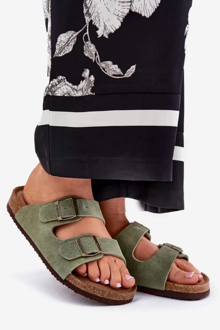 Zamszowe Klapki Damskie Z Klamrami Big Star RR274A393 Zielone