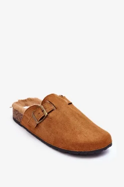 Zamszowe Klapki Damskie Z Futerkiem Brązowe Haidamia