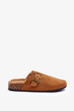 Zamszowe Klapki Damskie Z Futerkiem Brązowe Haidamia