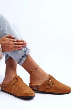 Zamszowe Klapki Damskie Z Futerkiem Brązowe Haidamia