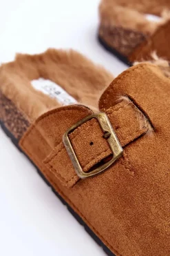 Zamszowe Klapki Damskie Z Futerkiem Brązowe Haidamia