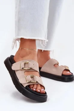 Zamszowe Klapki Damskie Z Ozdobnymi Klamrami Big Star RR274659 Jasnoróżowe