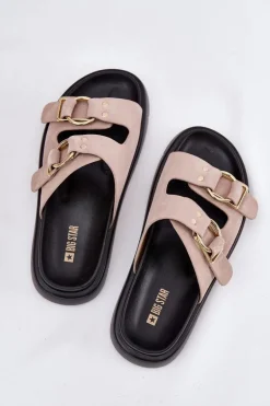 Zamszowe Klapki Damskie Z Ozdobnymi Klamrami Big Star RR274659 Jasnoróżowe