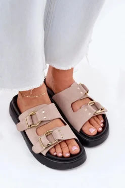 Zamszowe Klapki Damskie Z Ozdobnymi Klamrami Big Star RR274659 Jasnoróżowe