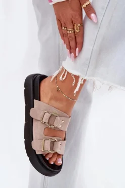 Zamszowe Klapki Damskie Z Ozdobnymi Klamrami Big Star RR274659 Jasnoróżowe