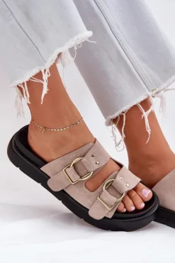 Zamszowe Klapki Damskie Z Ozdobnymi Klamrami Big Star RR274659 Jasnoróżowe