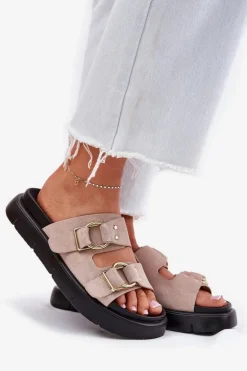 Zamszowe Klapki Damskie Z Ozdobnymi Klamrami Big Star RR274659 Jasnoróżowe