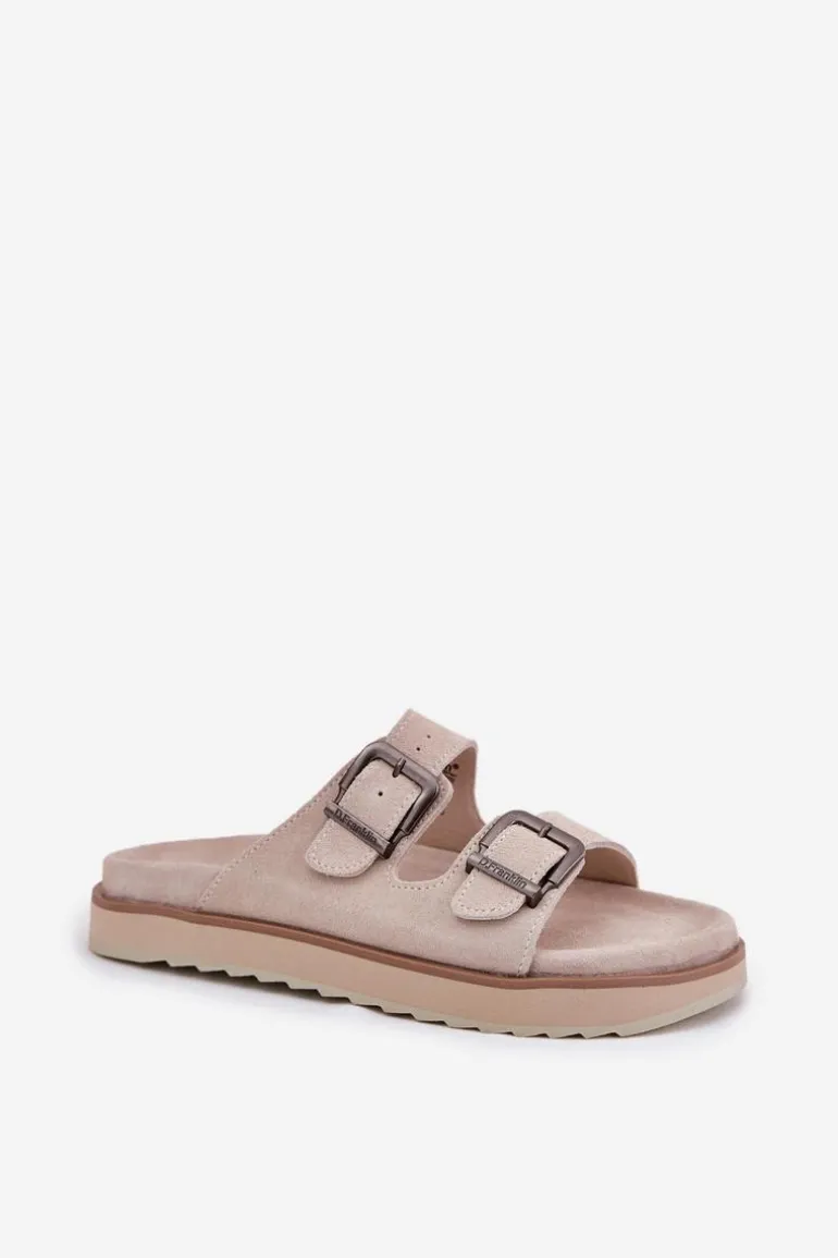 Zamszowe Klapki Damskie Z Klamrami D.Franklin DFSH405001 Beżowe