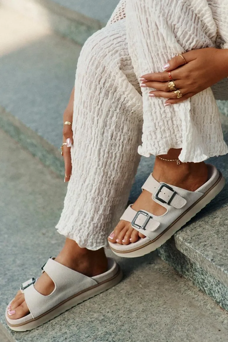 Zamszowe Klapki Damskie Z Klamrami D.Franklin DFSH405001 Beżowe