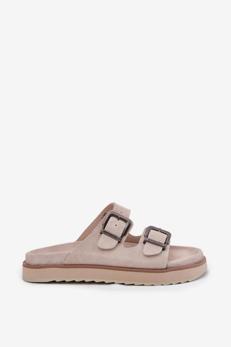 Zamszowe Klapki Damskie Z Klamrami D.Franklin DFSH405001 Beżowe