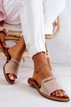 Zamszowe Klapki Lewski Shoes 3047 Beżowe