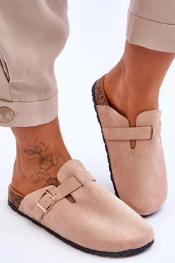 Zamszowe Klapki Na Korkowej Platformie Beżowe Vellma