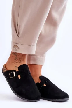 Zamszowe Klapki Na Korkowej Platformie Czarne Vellma