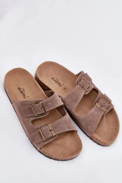 Zamszowe Klapki Na Korkowej Podeszwie Z Klamrami Ciemnobeżowe Tavira