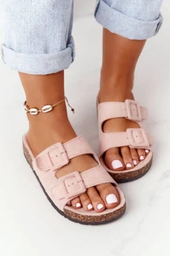 Zamszowe Klapki Na Korkowej Podeszwie Jasnoróżowe Jennifer