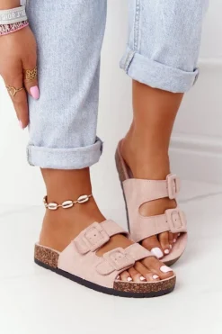 Zamszowe Klapki Na Korkowej Podeszwie Jasnoróżowe Jennifer