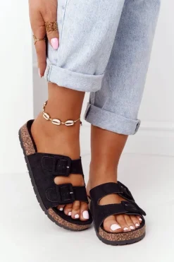 Zamszowe Klapki Na Korkowej Podeszwie Czarne Jennifer