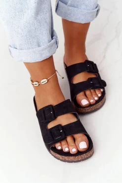 Zamszowe Klapki Na Korkowej Podeszwie Czarne Jennifer