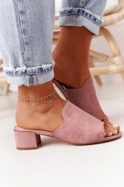 Zamszowe Klapki Na Obcasie Sergio Leone KL313 Różowe