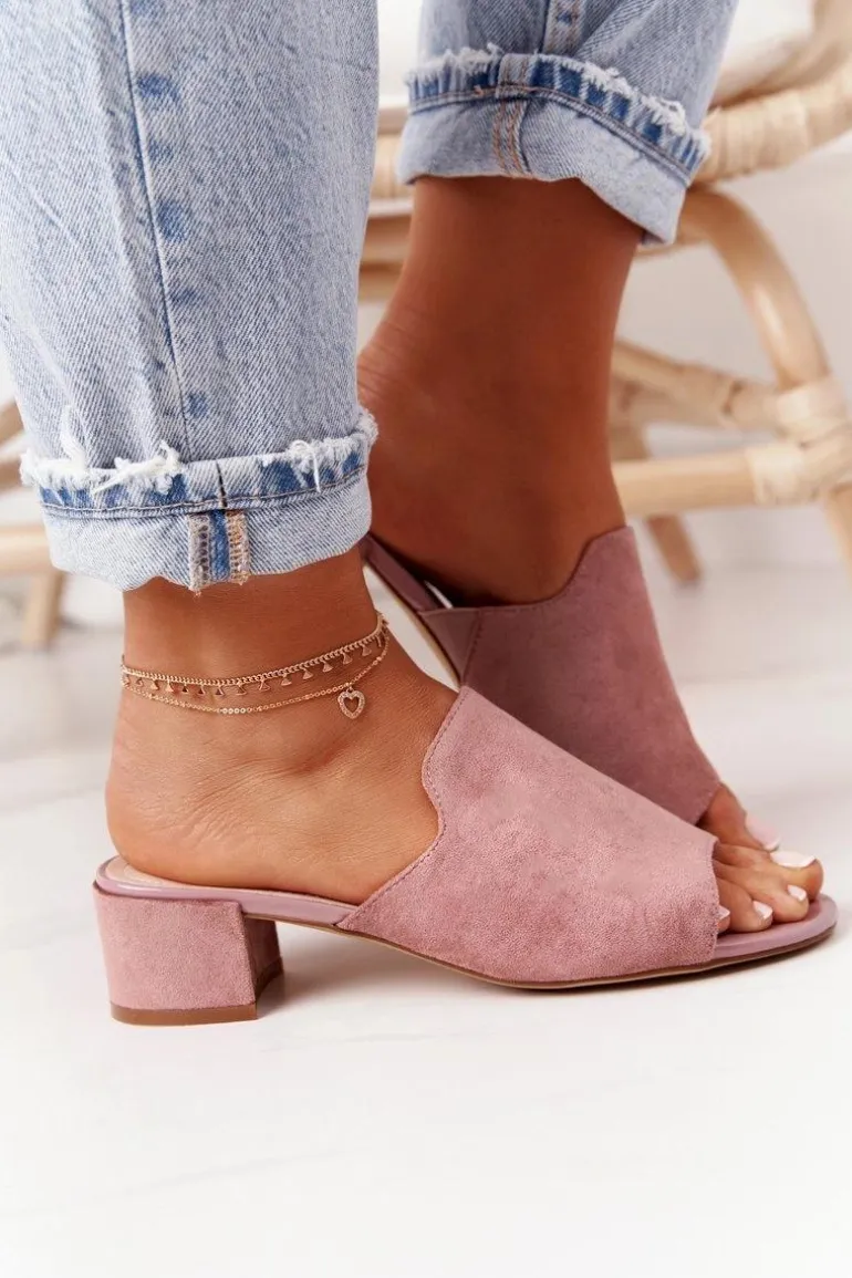 Zamszowe Klapki Na Obcasie Sergio Leone KL313 Różowe