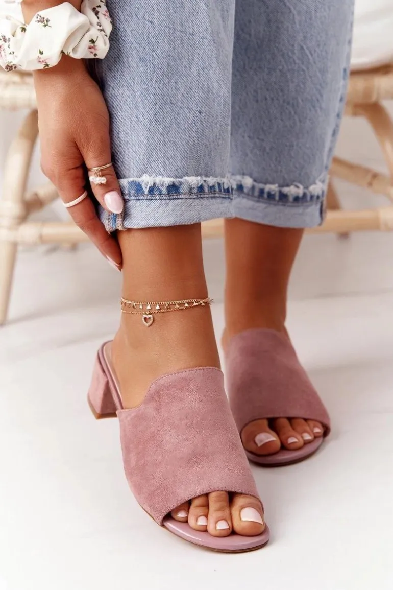 Zamszowe Klapki Na Obcasie Sergio Leone KL313 Różowe