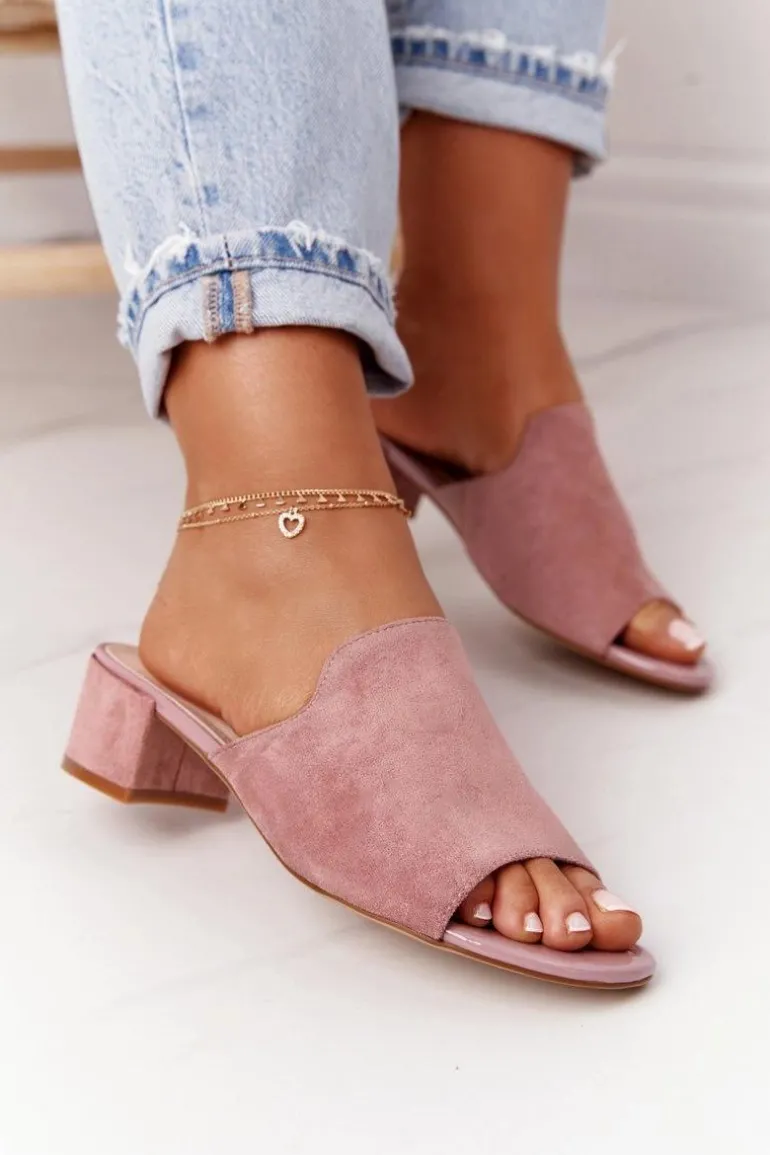 Zamszowe Klapki Na Obcasie Sergio Leone KL313 Różowe