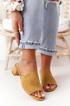 Zamszowe Klapki Na Obcasie Sergio Leone KL313 Żółte