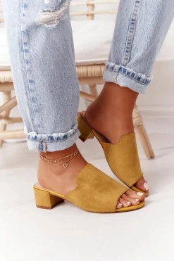 Zamszowe Klapki Na Obcasie Sergio Leone KL313 Żółte