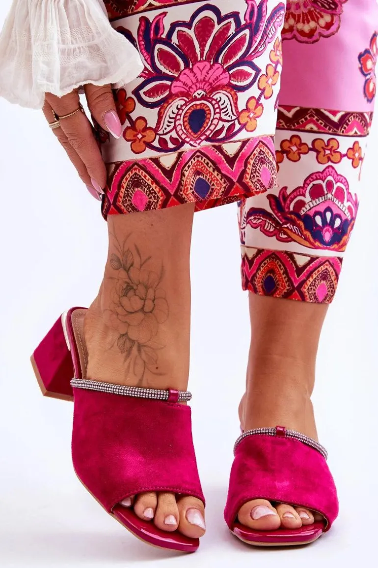 Zamszowe Klapki Na Obcasie S.Barski KV-612-2 Fuksja