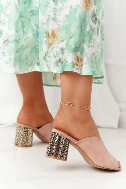 Zamszowe Klapki Na Obcasie S.Barski C420-15 Beżowe