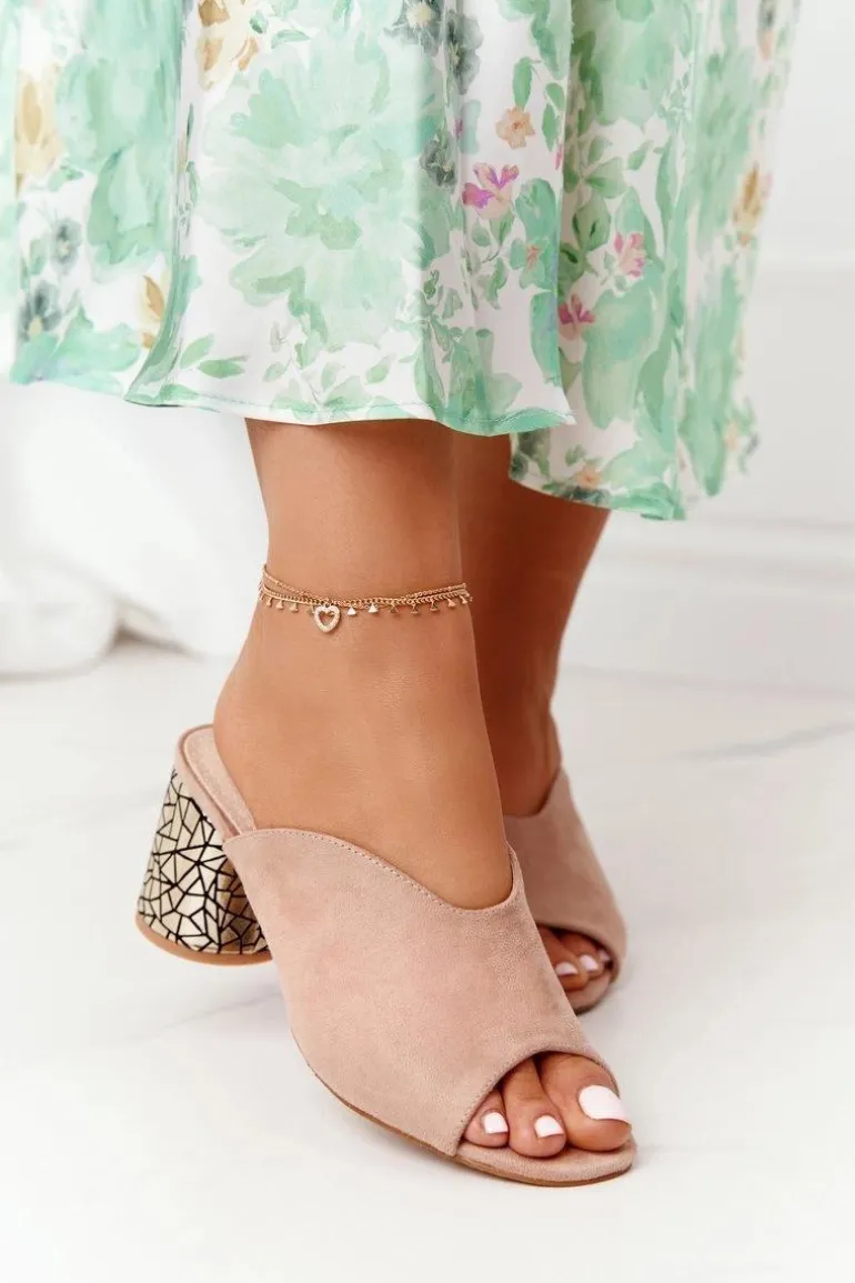 Zamszowe Klapki Na Obcasie S.Barski C420-15 Beżowe