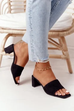 Zamszowe Klapki Na Obcasie S.Barski 238-S1 Czarne