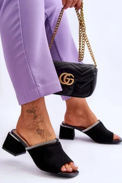 Zamszowe Klapki Na Obcasie S.Barski KV-612-2 Czarne