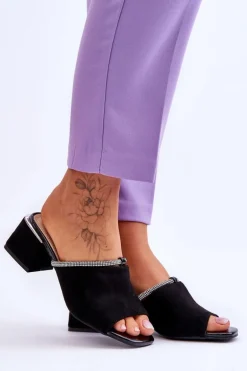 Zamszowe Klapki Na Obcasie S.Barski KV-612-2 Czarne