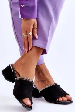 Zamszowe Klapki Na Obcasie S.Barski KV-612-2 Czarne